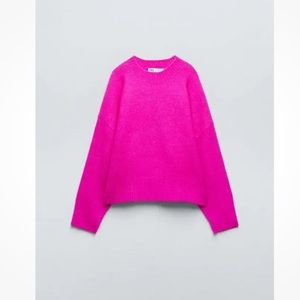Zara Soft Knot Fuschia Hot Pink Crewneck Long Sleeve Sweater